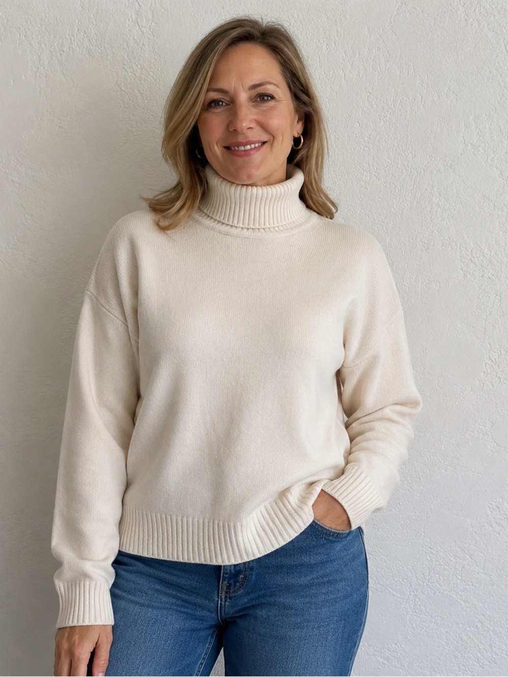 JOHNSTONS 100% cashmere ivory turtleneck LARGE as is( small stains ) Scotland